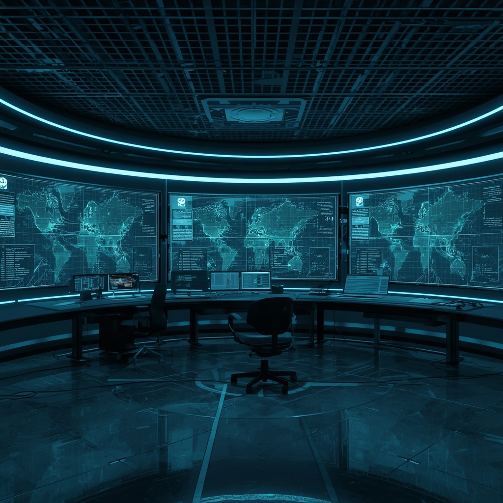 Futuristic smart grid control room with holographic displays showing energy flow maps, blue and green lighting, no people