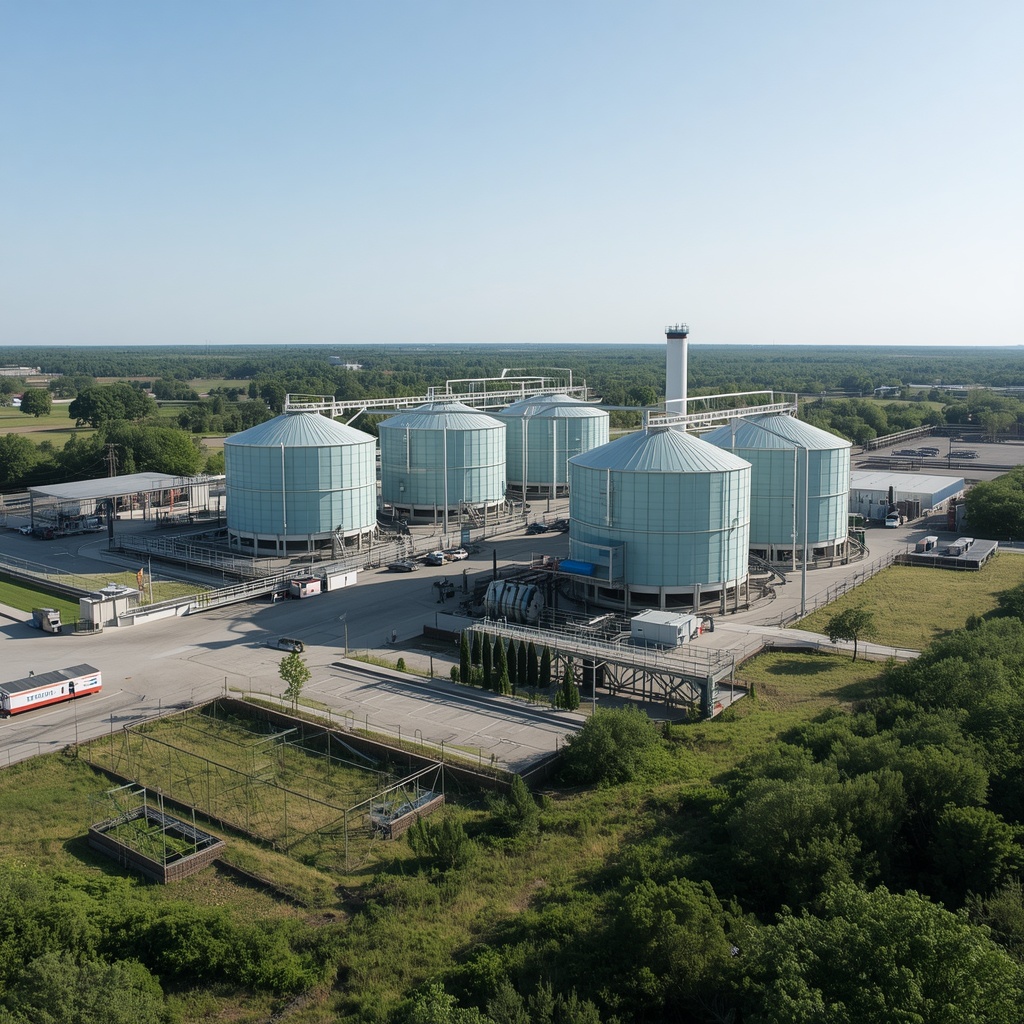 Advanced water reclamation facility with crystalline tanks and green landscaping, industrial photography, no people
